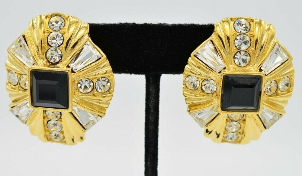 Vintage Chunky Crystal Clip On Earrings Black Square Rhinestone Gold USA 80s 9M
